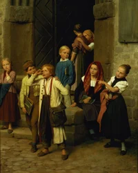 Schoolkinderen kijken naar een huilende jongen, 1861
